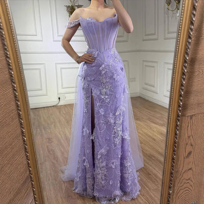 Lilac Off Shoulder   Beaded High Slit Tulle Gown LA72874