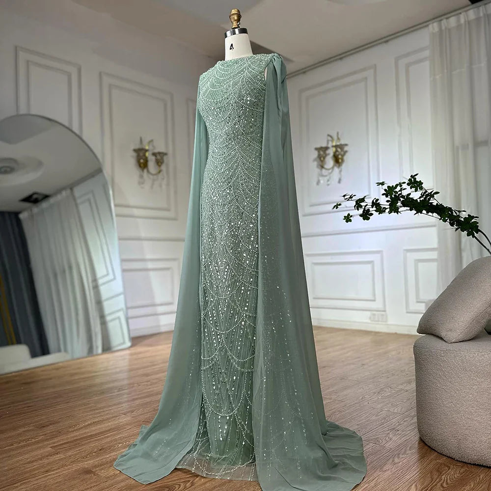 Luxury Blue Mermaid Evening Dress with Cape Sleeves Beaded Gown LA72160A