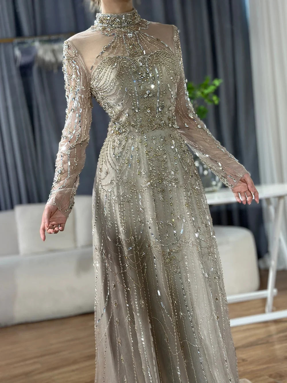 Luxury A-Line Blue Lace Beaded Turtleneck Evening Dresses LA72704