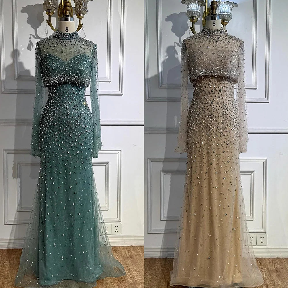 Luxury Turquoise Beaded Mermaid Evening Dress with Detachable Top LA73095