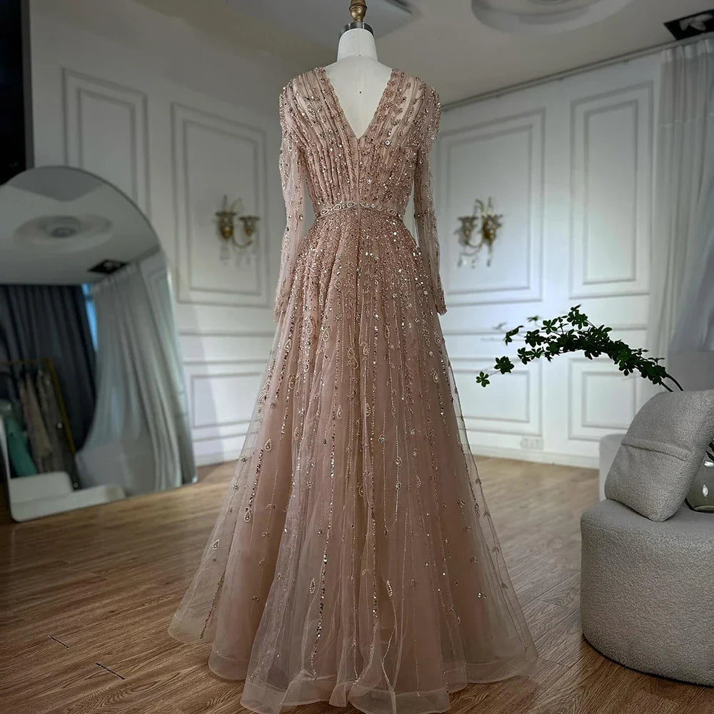 Luxury Nude A Line Beaded Evening Dress for Formal Occasion LA71803D