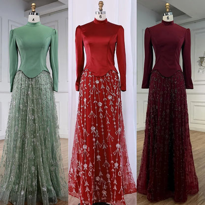 Luxury Sage Green Muslim Beaded Evening Dress LA72805A