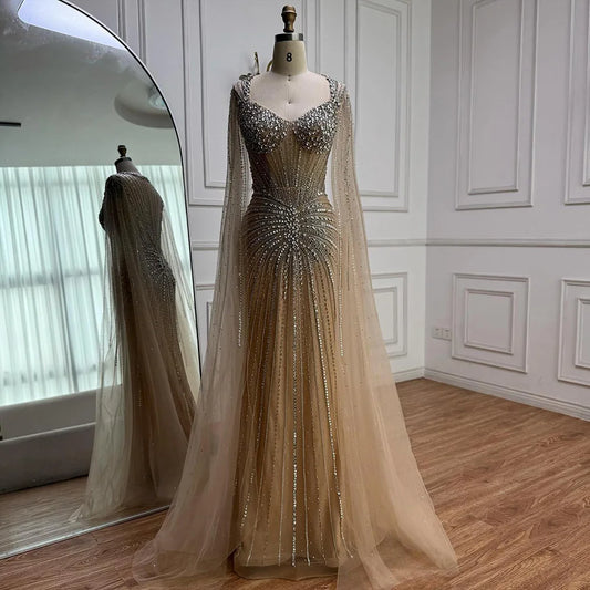 Luxury Nude Beaded Evening Dress with Cape Sleeves LA72575C