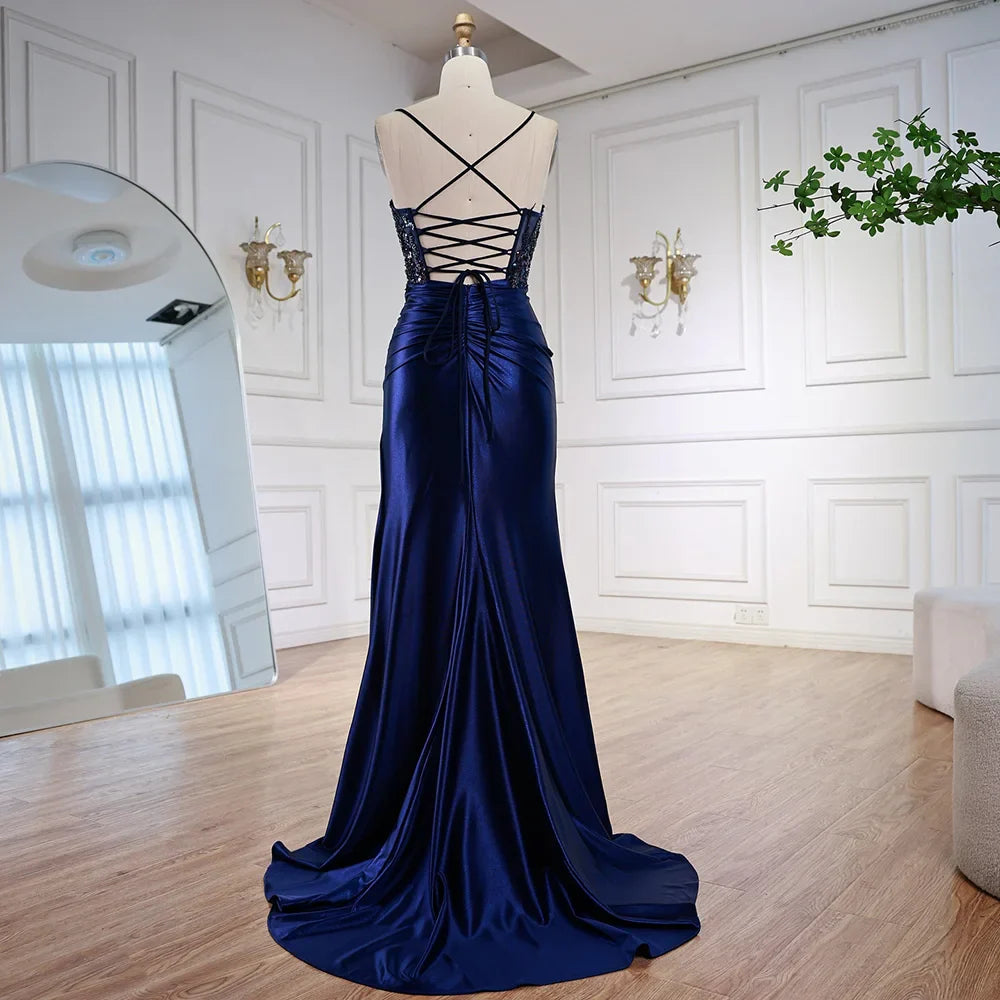 Luxury Light Green Satin Prom Dress with Lace and Slit LA73032A