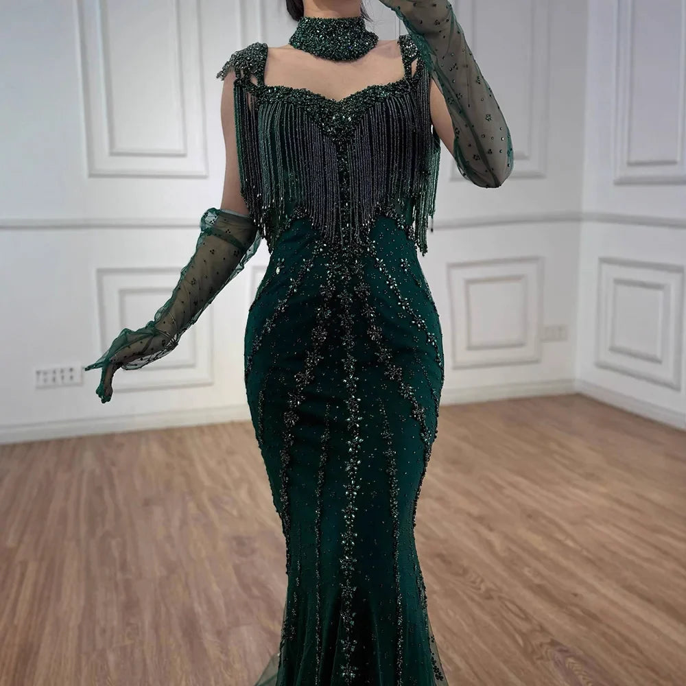 Luxury Arabic Nude Kendall Jenner Mermaid Evening Dress Beaded Tassel LA71540