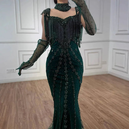 Luxury Arabic Nude Kendall Jenner Mermaid Evening Dress Beaded Tassel LA71540
