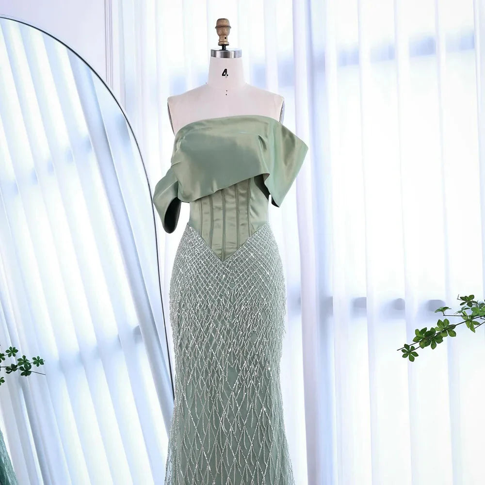 Sage Green Off Shoulder Tassel Beaded Mermaid Evening Dress LA73037