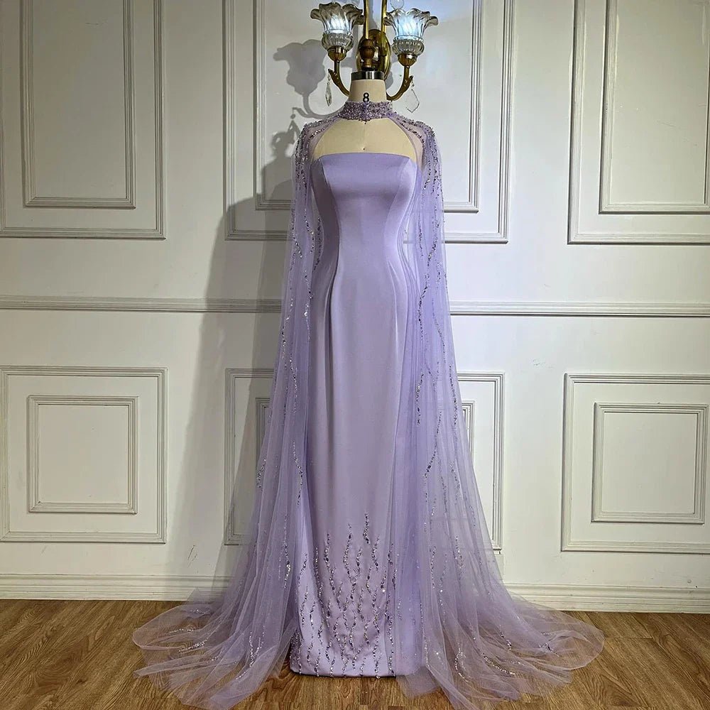 Lilac Elegant Evening Dresses with Luxury Beaded Long Cape Gown for Party LA72828