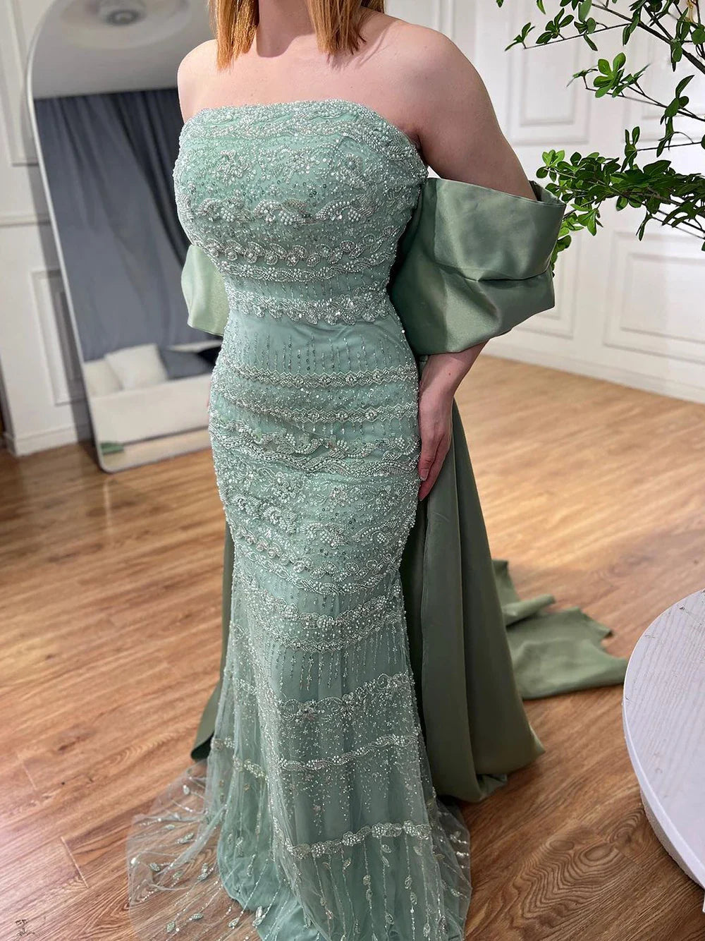 Luxury Dubai Sage Green Evening Dresses with Cape LA72126