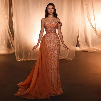 Luxury Dubai  Arabic Blue One Shoulder Luxury Dubai Evening Gown with Side Overskirt Beaded Dress LA72662