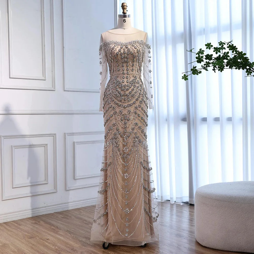 Luxury Off Shoulder Beaded Evening Dress with Long Sleeves and Train LA72930