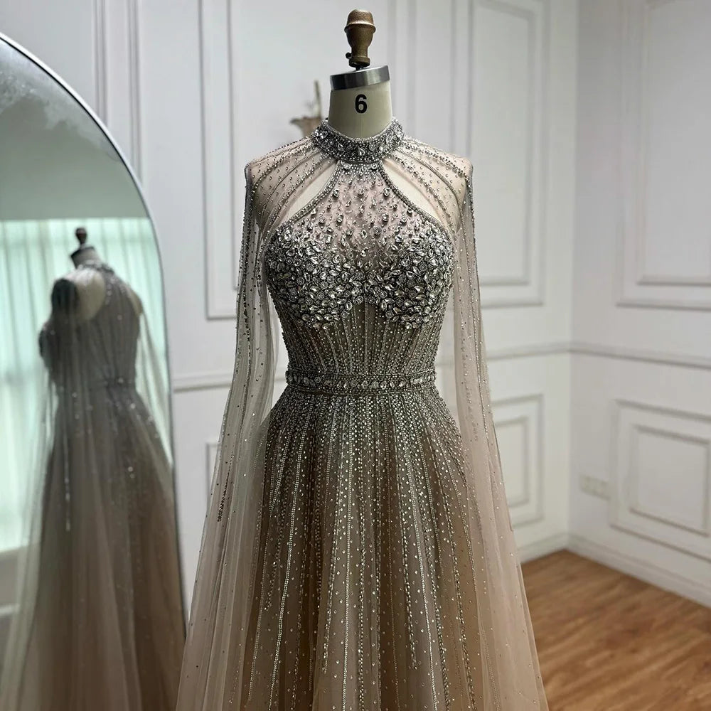 Luxury Turquoise Beaded A-Line Evening Dress with Cape Sleeves LA73054