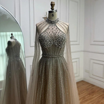 Luxury Turquoise Beaded A-Line Evening Dress with Cape Sleeves LA73054