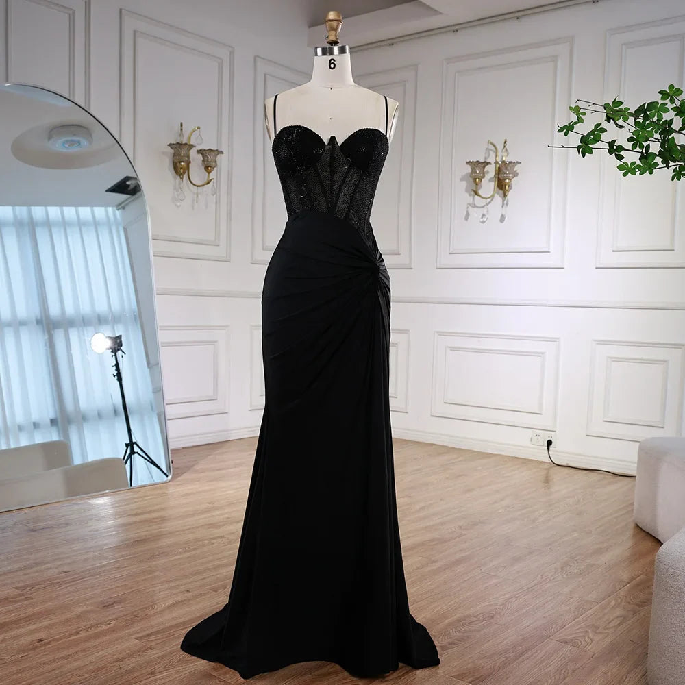 Luxury Black Beaded Mermaid Prom Dress with Spaghetti Straps LA73039