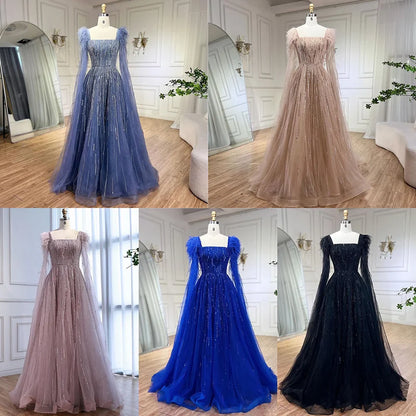 Blue Luxury Feathers Arabic Evening Dresses with Cape LA72236