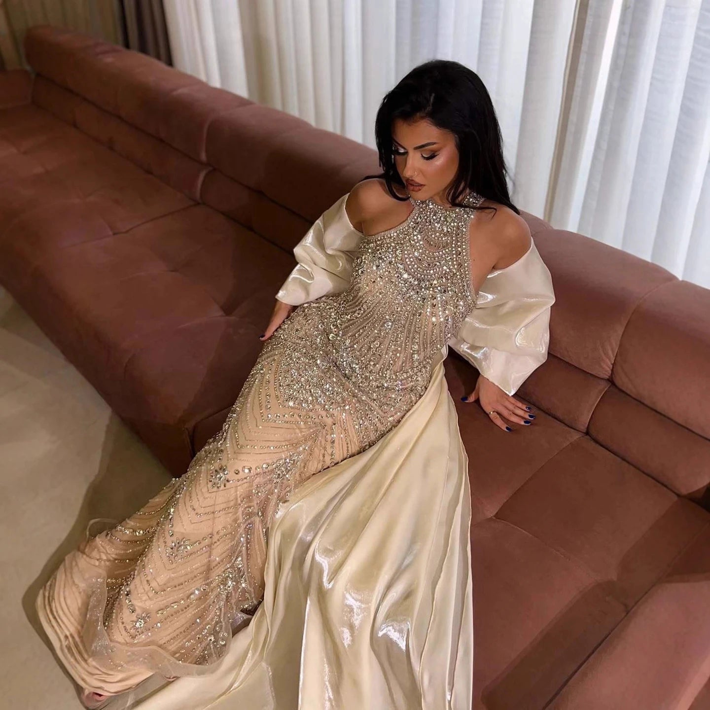 Luxury Kosovo Nude Halter Beaded Evening Dress with Bow Cape LA73218