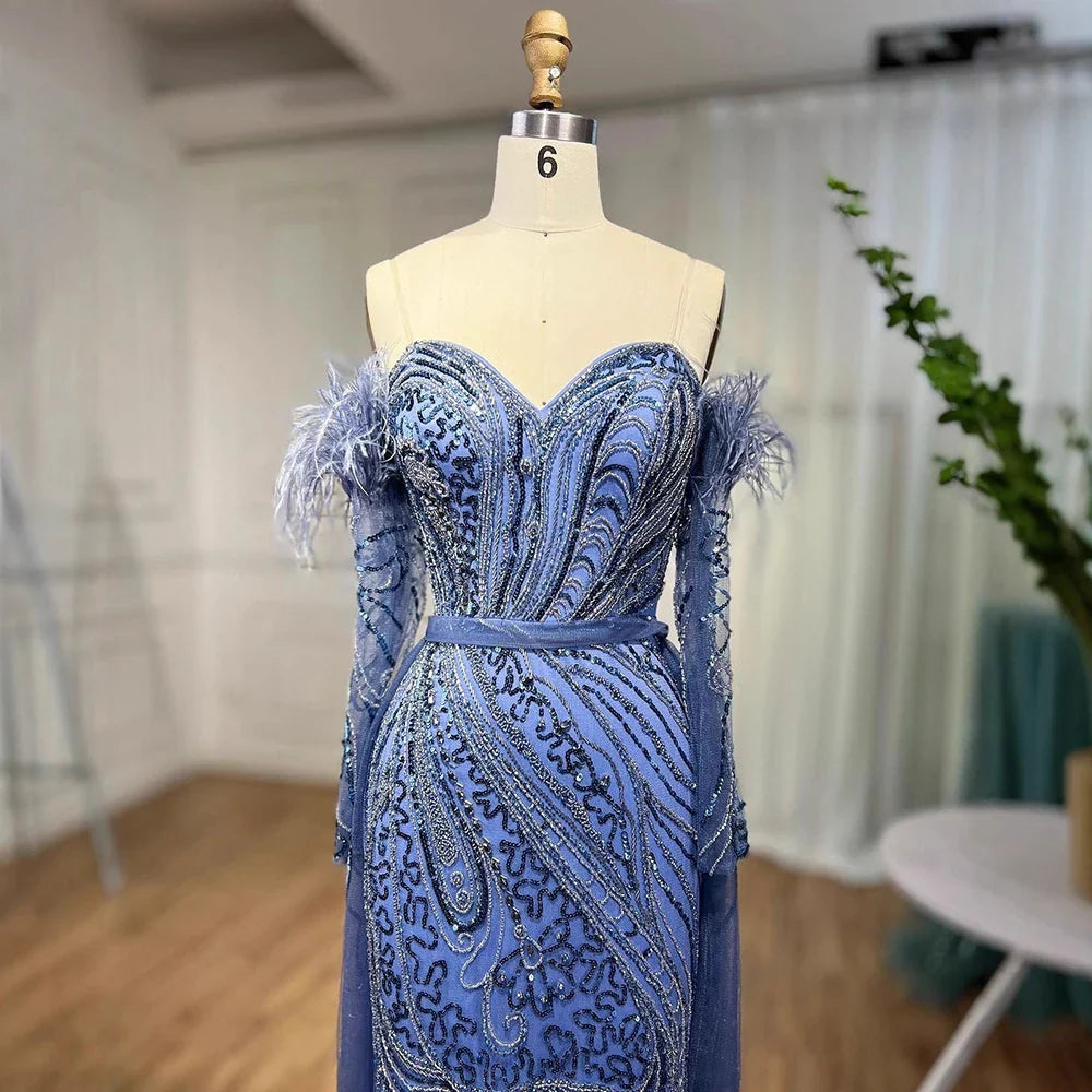 Luxury Arabic Nude Mermaid High Split Feather Beaded Evening Dress LA71910