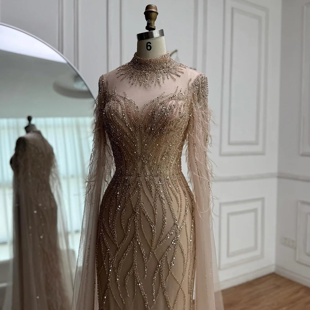 Luxury Nude Feather Beaded High Neck Formal Evening Dress for Women LA71885C