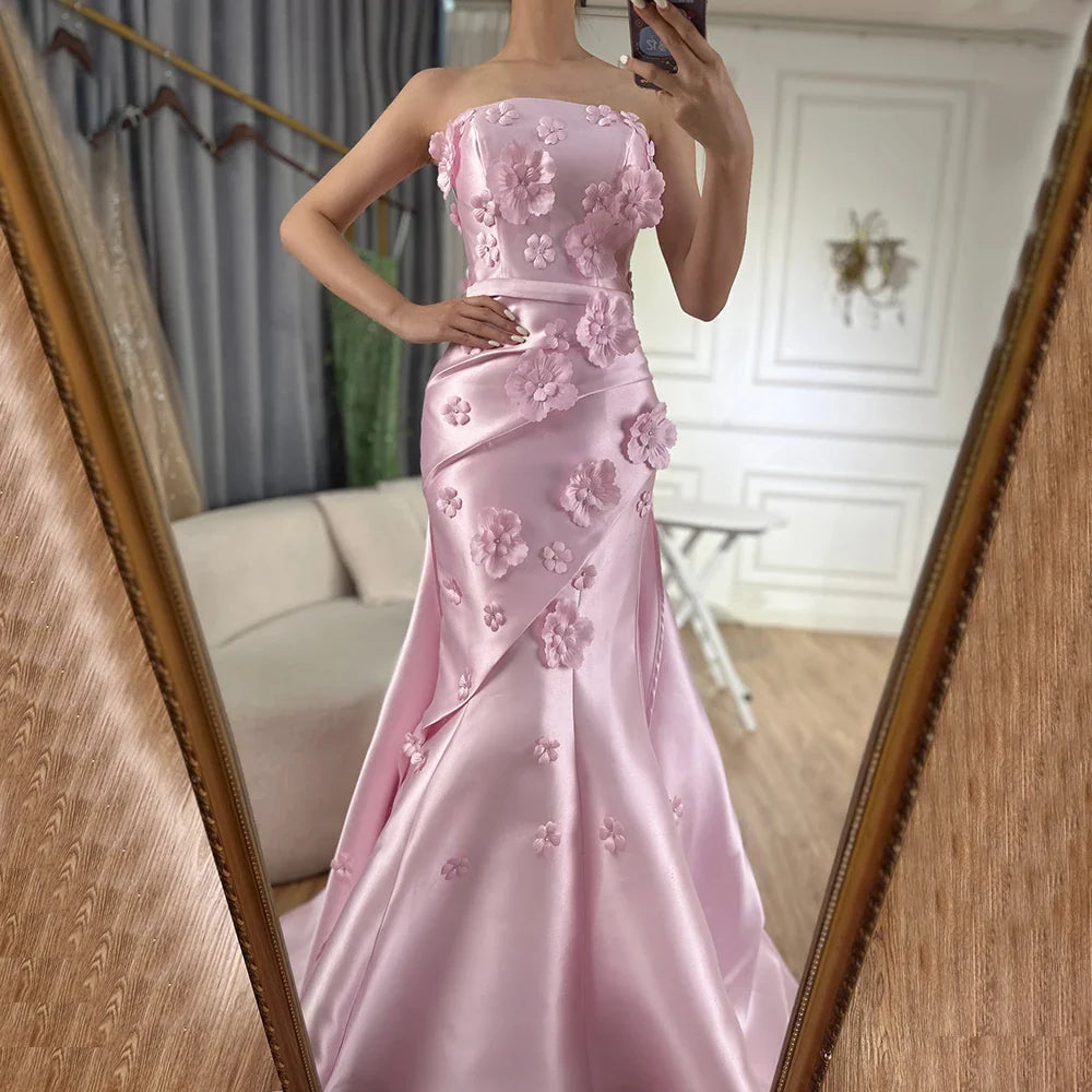 Luxury Pink Ruched Appliques Satin Mermaid Evening Dress Gown Lace-Up Back for Formal Occasion LA72740