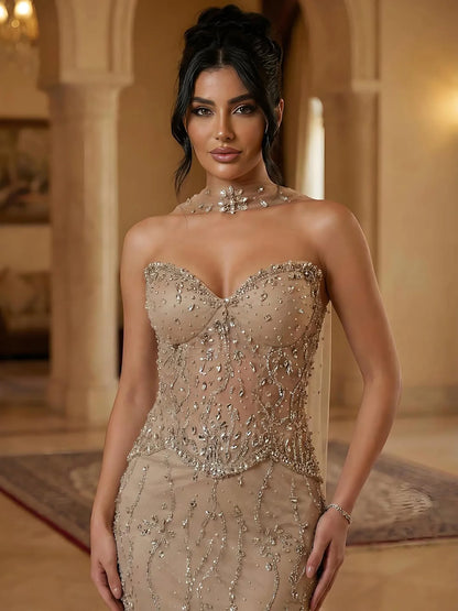 Luxury Nude Beaded Mermaid Evening Dress LA73336