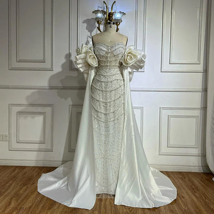 Red Long Cape Pearls Beaded Mermaid Evening Dress Gown LA72585A