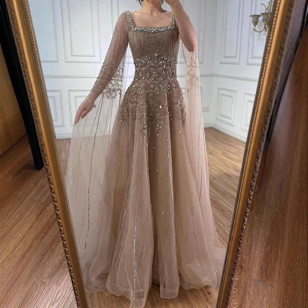 Luxury Caramel A-Line Beaded Evening Dress with Cape Sleeves LA73089A
