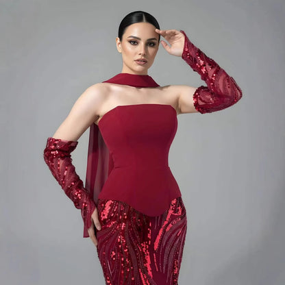 Luxury Wine Red Mermaid Evening Dress With Gloves LA73050E