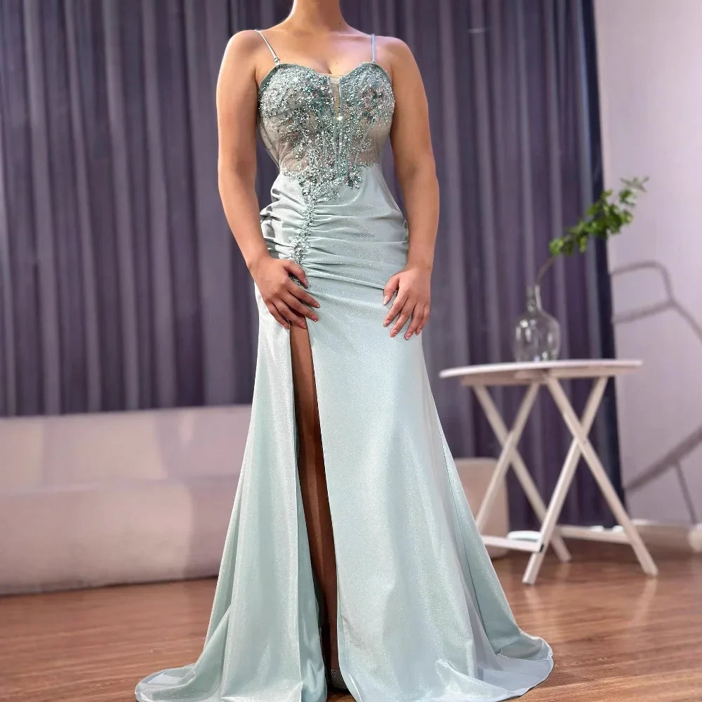 Luxury Navy Satin Prom Dress with Lace Beaded and Slit LA73003