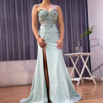 Luxury Navy Satin Prom Dress with Lace Beaded and Slit LA73003