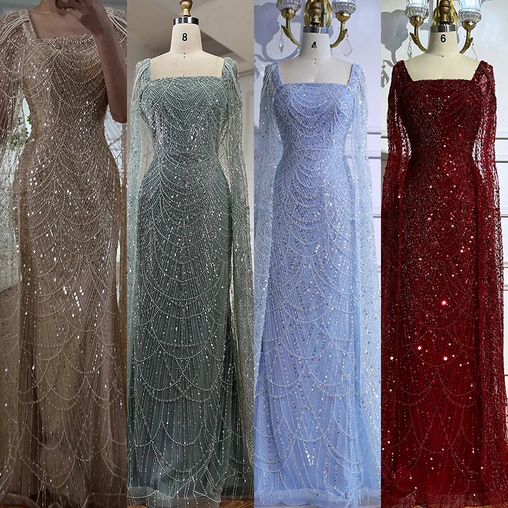 Luxury Turquoise Beaded Pearl Arabic Evening Dress with Cape Sleeves LA72590