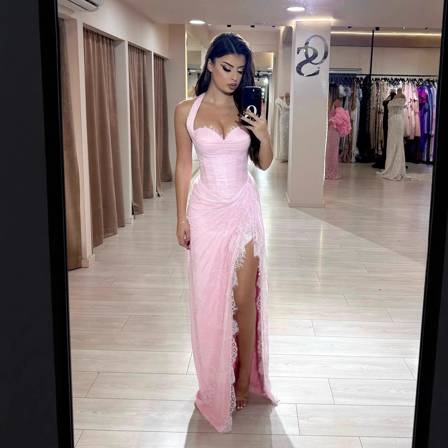 Luxury Pink Lace Halter Saudi Arabic High Split Evening Dress LA73372