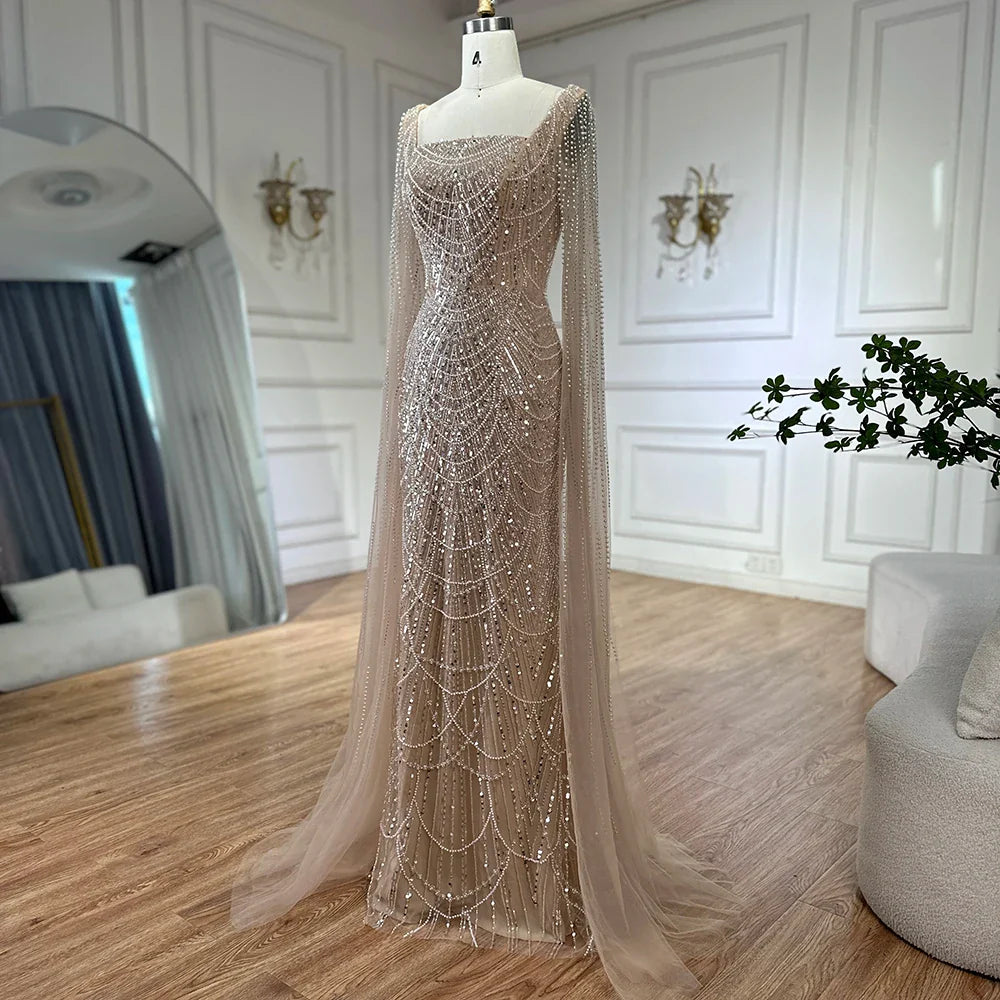 Luxury Turquoise Pearl Arabic Mermaid Evening Dress with Cape Sleeves LA72590A