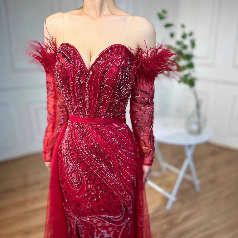Luxury Arabic Nude Mermaid High Split Feather Beaded Evening Dress LA71910