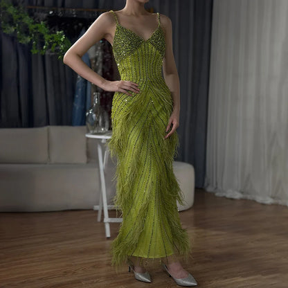 On Sale  no return no refund Serene Hill Yellow Green Feathers Mermaid Sundress Evening Gowns Beaded Ankle Length Party Drsses 2025 For Women LA72055