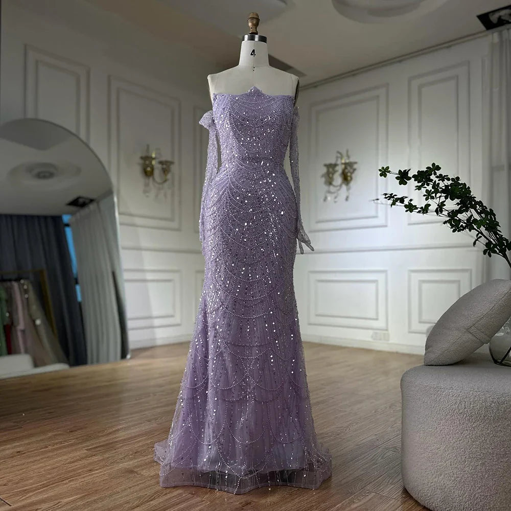 Luxury Pearls Green Mermaid Evening Dress With Gloves Plush Size LA72352