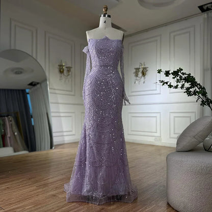 Luxury Pearls Green Mermaid Evening Dress With Gloves Plush Size LA72352