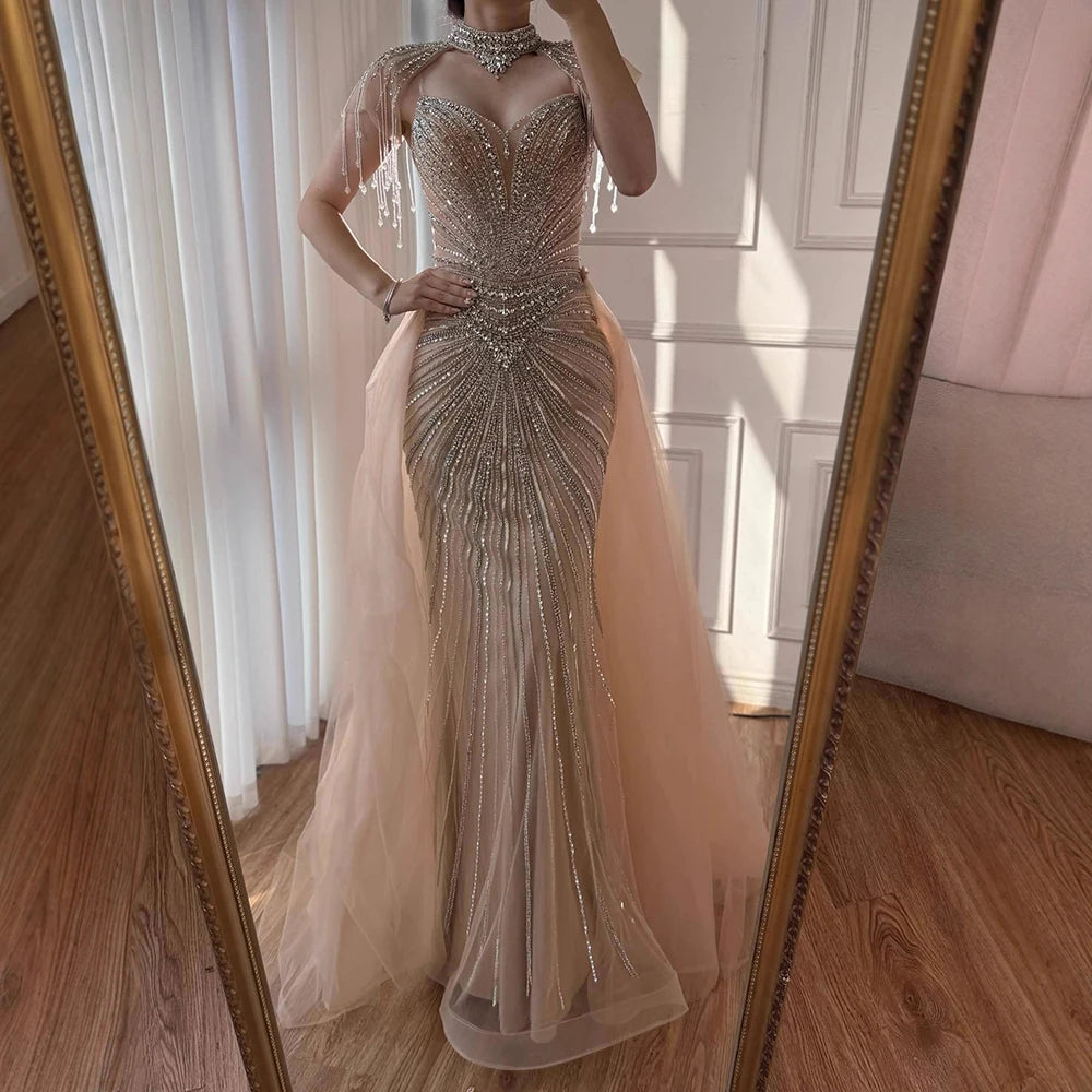 Luxury Nude Beaded Mermaid Evening Dress with Overskirt LA73182