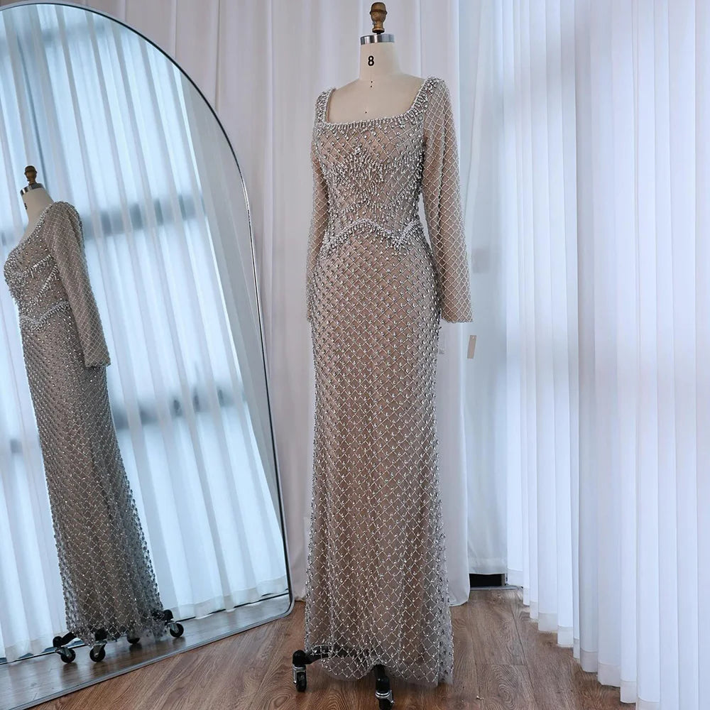 Luxury Pearl Beaded Mermaid Evening Dress with Long Sleeves LA72919A