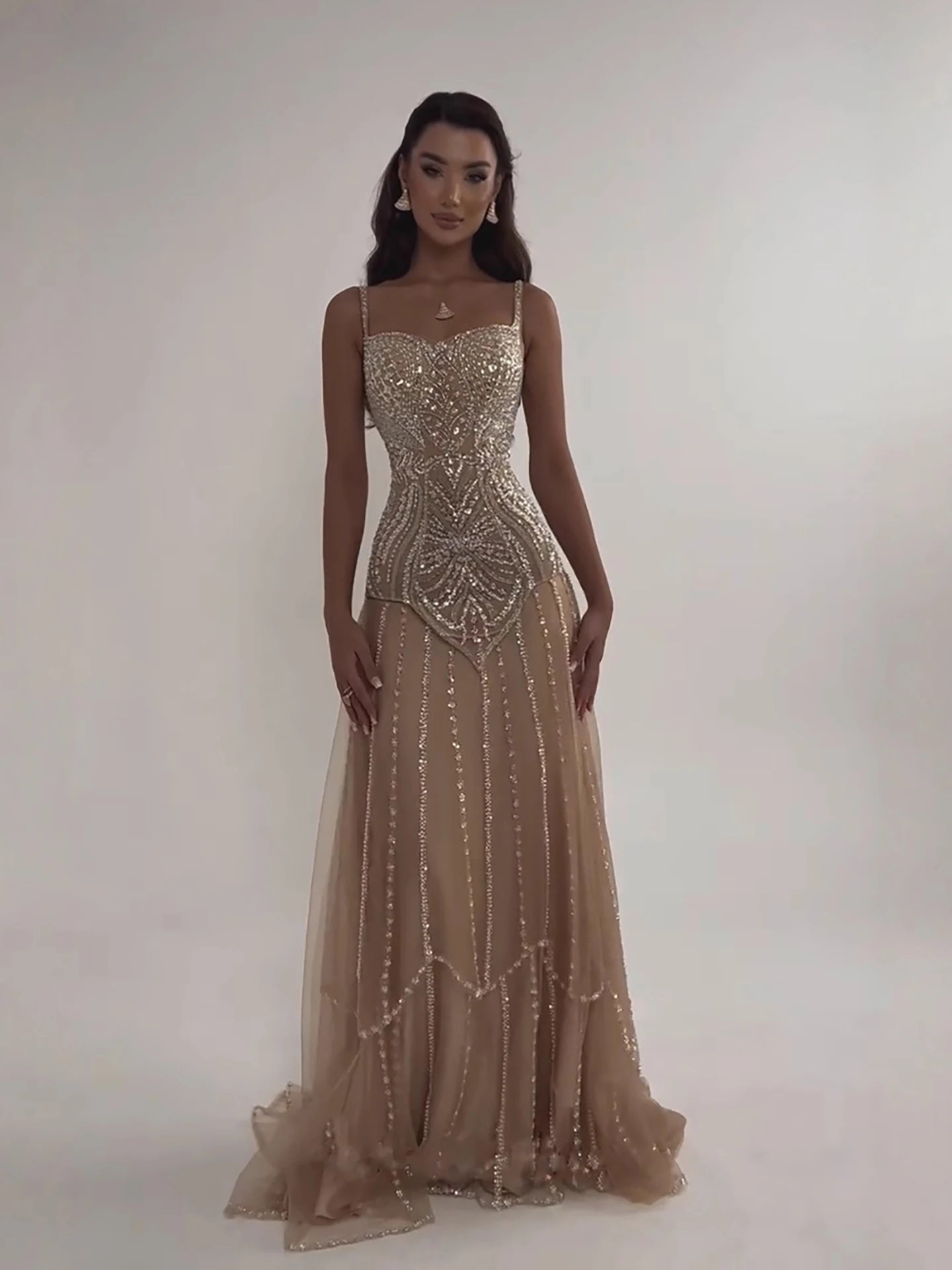 Luxury Nude Beaded A-Line Evening Dress for Women Party LA73189A