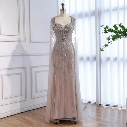 Luxury Caramel Beaded Evening Dress With Cape LA72992A