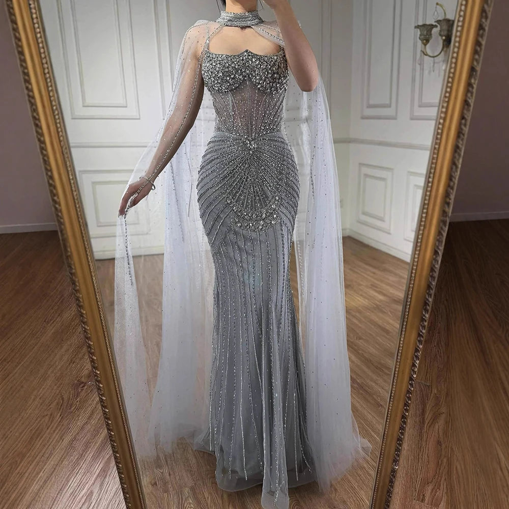 Luxury Turquoise Crystal Beaded Evening Dress with Cape LA73202