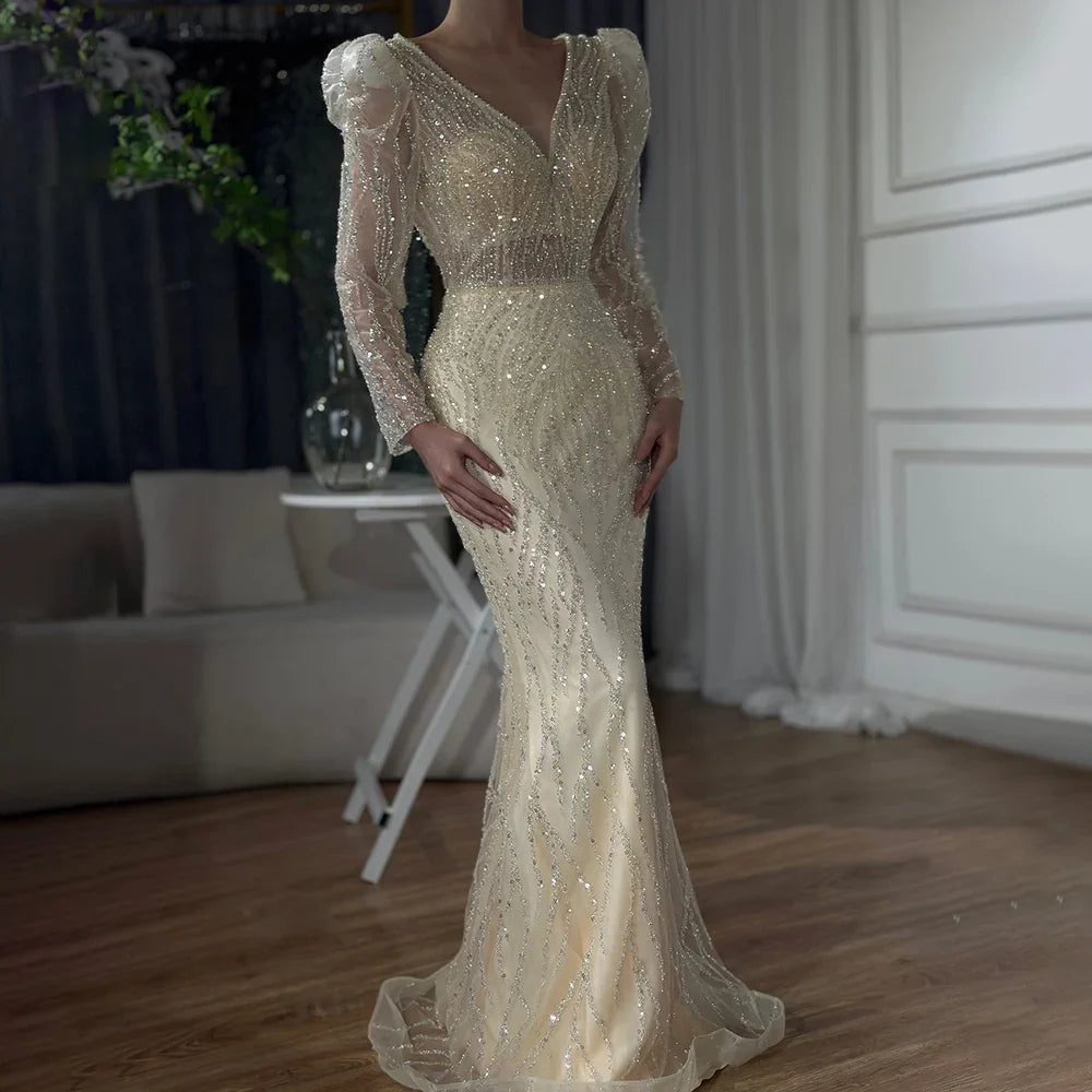 Luxury Blue Arabic Mermaid Beaded Evening Dress LA71931