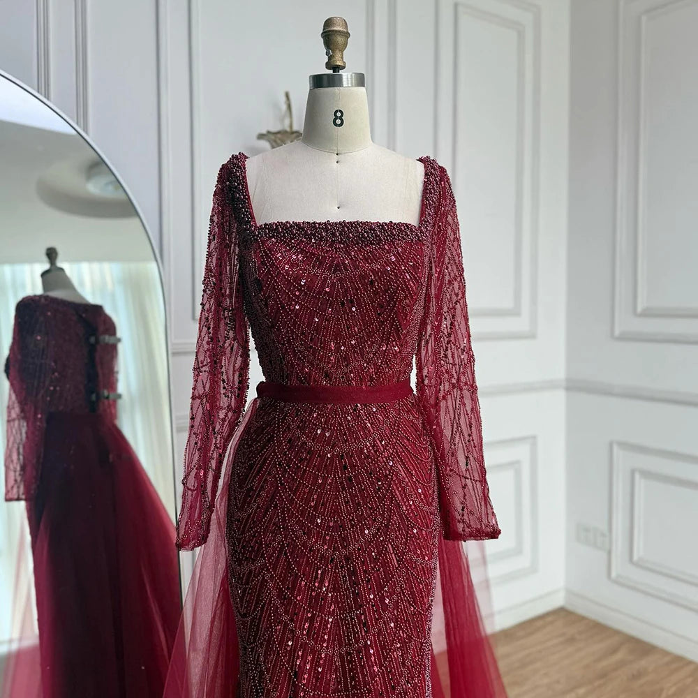 שמלת ערב מרובעת כחולה עם שרוולים ארוכים מידה גדולה LA72032N