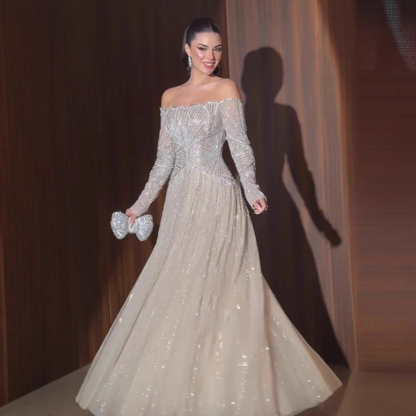 Luxury Beige Arabic A-Line Evening Dress 2026 For Wedding Party LA73333