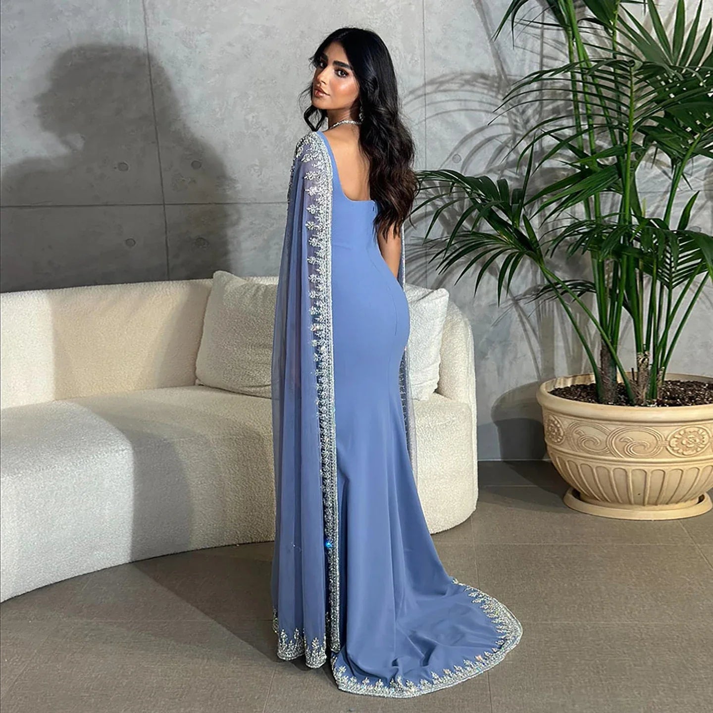 Luxury Blue Mermaid Beaded Evening Dress with Cape Sleeves LA72086
