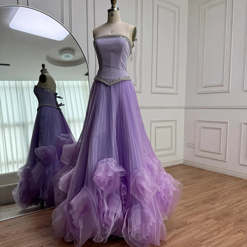 Luxury Lilac Strapless Beaded Evening Dress with Floral Train LA72913A