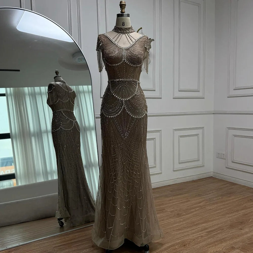Luxury Turquoise High Neck Beaded Tassel Evening Dress for Women LA73112