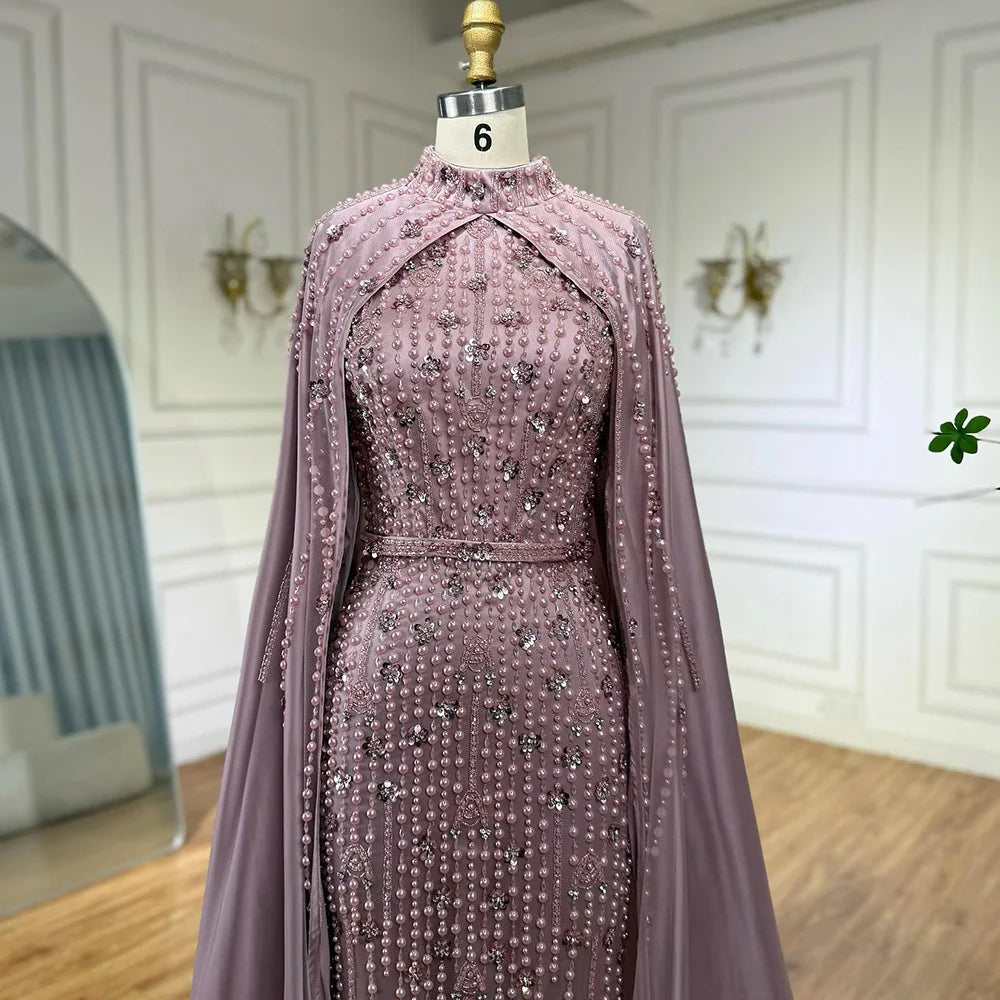 Luxury Blue Muslim Mermaid Beaded Evening Gowns with Cape Sleeves LA72533