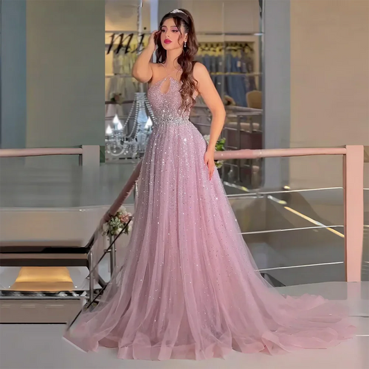 Caramel Halter Beaded Tulle A-Line Evening Gown Dubai Saudi LA72863