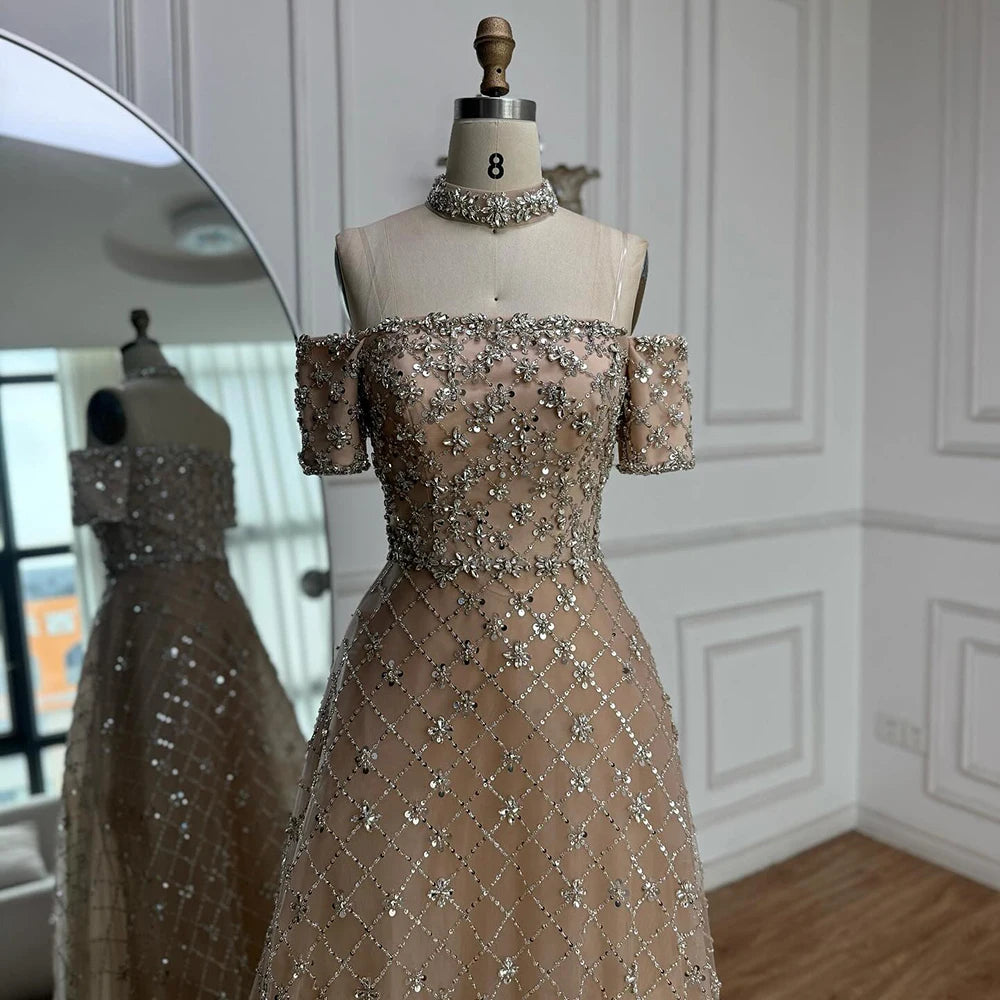 Luxury Nude Sliver Off Shoulder Beaded Crystal A-Line Evening Dress LA73122